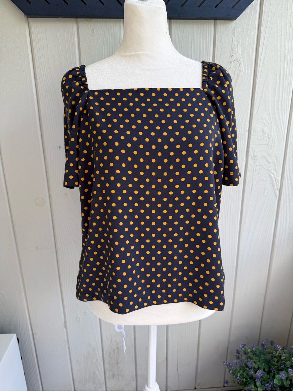 Ann Taylor Black Square-Neck Top with Mustard Polka Dots